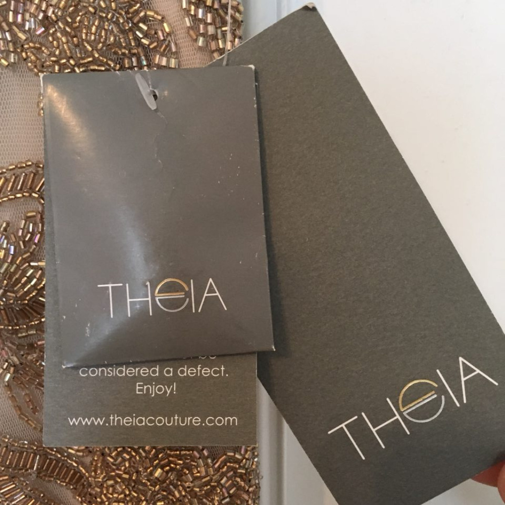 Theia Ochre Gold Beaded Cap Sleeve V-Neck Full Length Gown Evening Dress, Size 8 - Picture 8 of 11